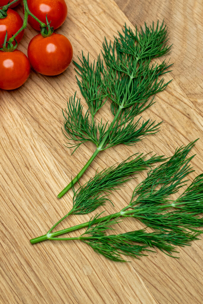 Dill mit Tomaten auf Brett