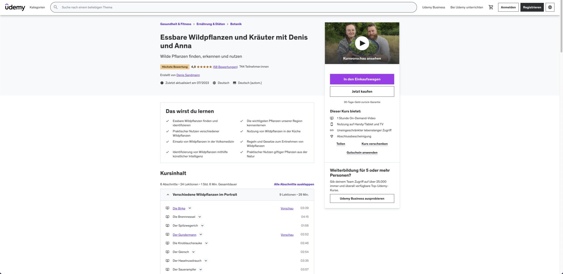 Ansicht des Onlinekurses "Essbare Wildpflanzen mit Denis und Anna" auf Udemy